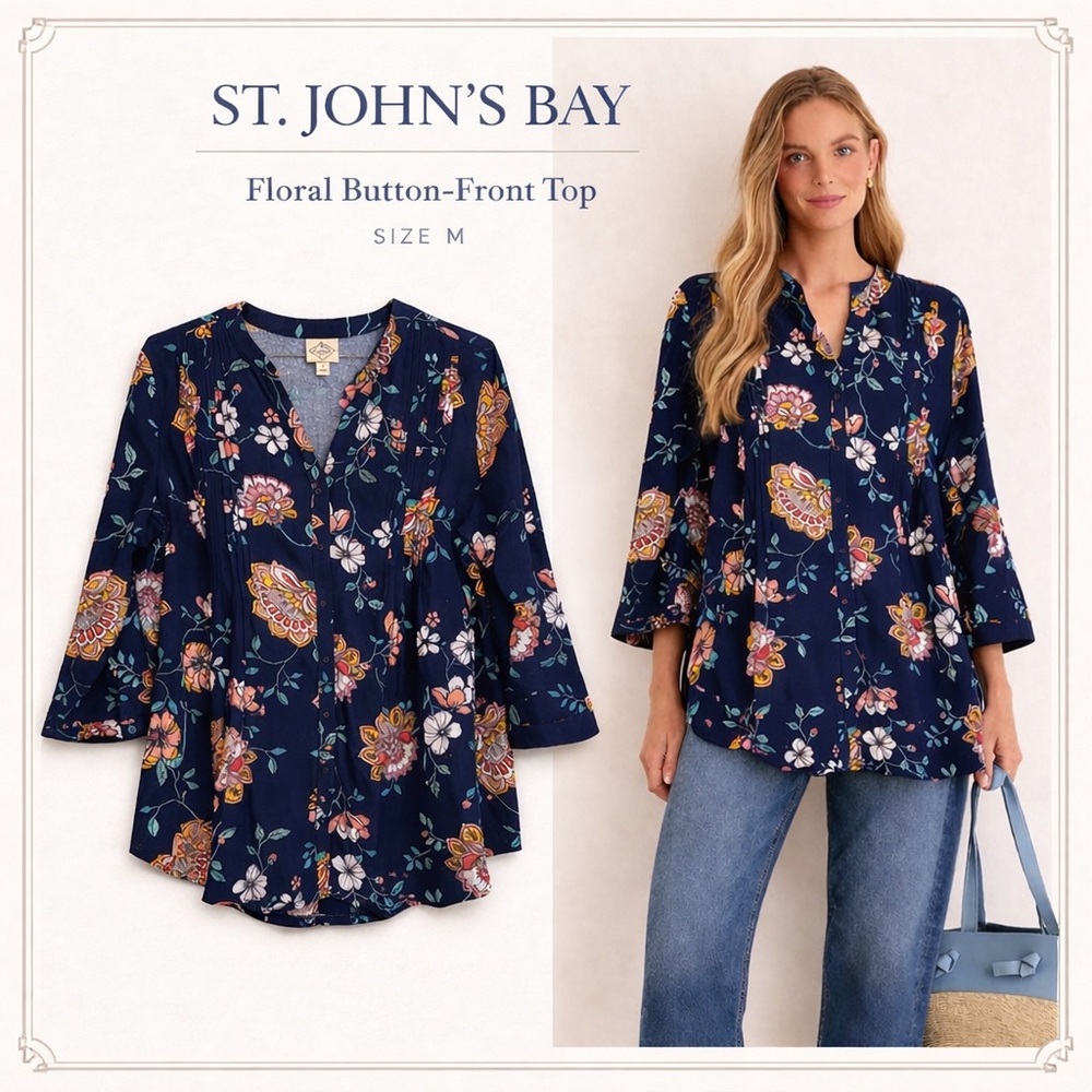 St John’s Bay Floral Boho Top Size M Navy Button Front Tunic 3/4 Sleeve